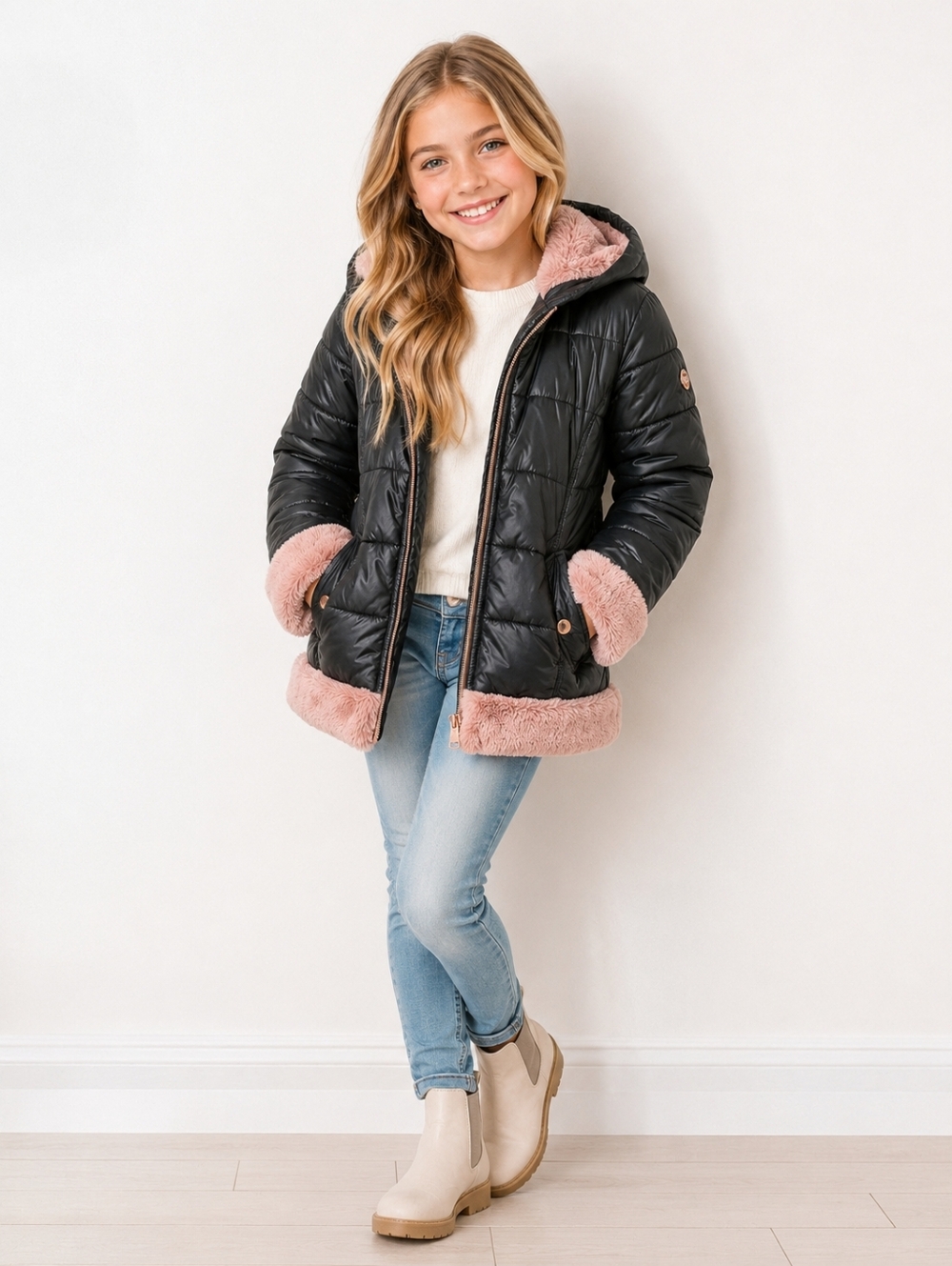 2/$50 Michael Kors Black Puffer Jacket Pink Faux Fur Girls Size 14 (Fits Small)